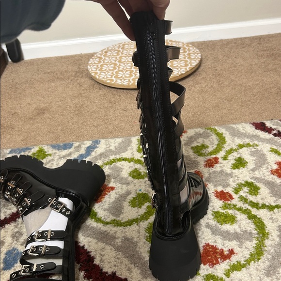 NIB Jeffrey Campbell black Post-Punk knee high cage gladiator chunky heel sandal - Picture 9 of 14